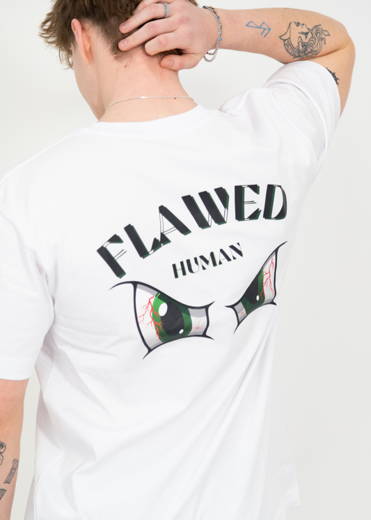 "Stylish white T-shirt featuring an eye-catching eye design on the back, made in the UK from 100% organic cotton, 240 GSM for superior comfort and quality."